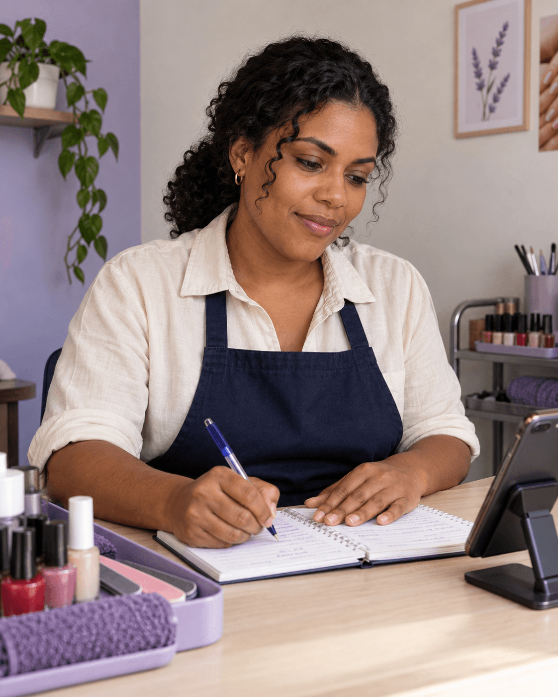 Dani, manicure, confere a agenda entre atendimentos