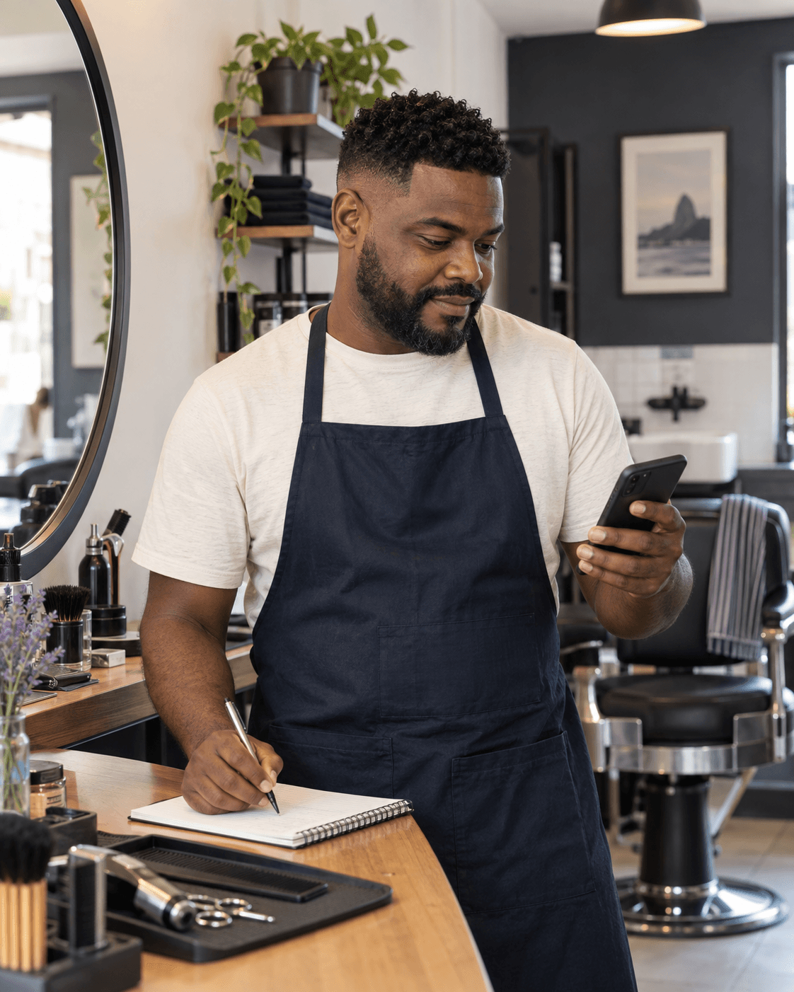 Rafa, barbeiro, confere o celular no balcão da barbearia