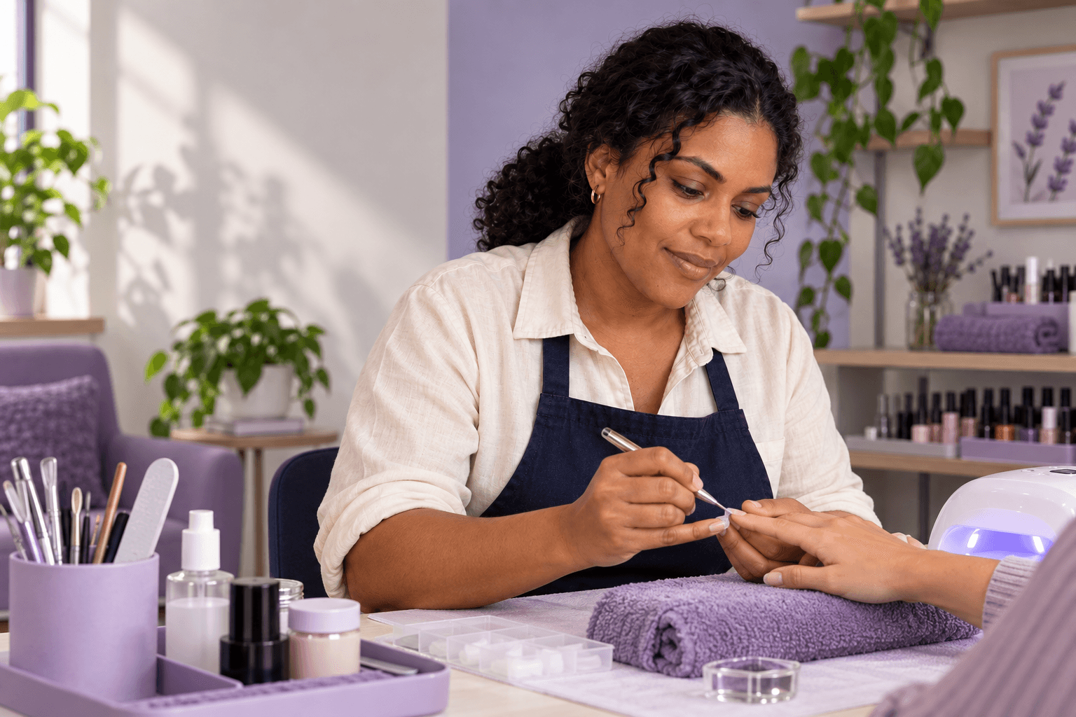 Cena ilustrativa: manicure trabalha nas unhas de uma cliente com materiais de alongamento. A imagem não mostra aulas do curso.