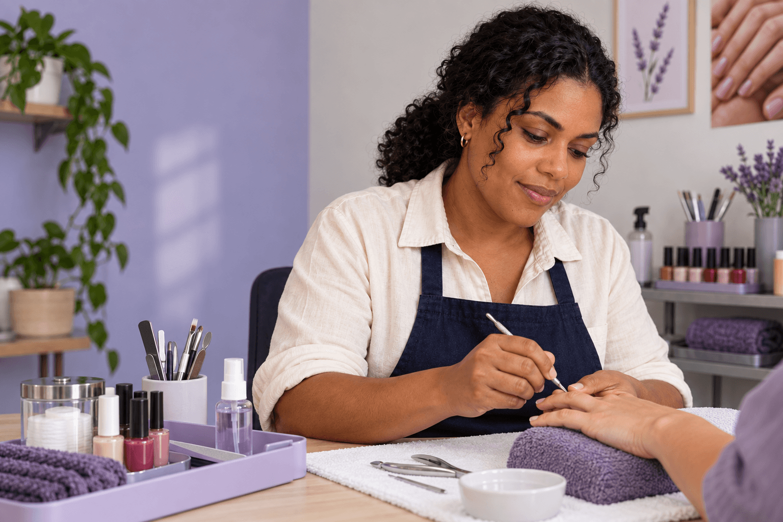Cena ilustrativa: manicure atende uma cliente em uma mesa organizada. A imagem não mostra aulas do curso.